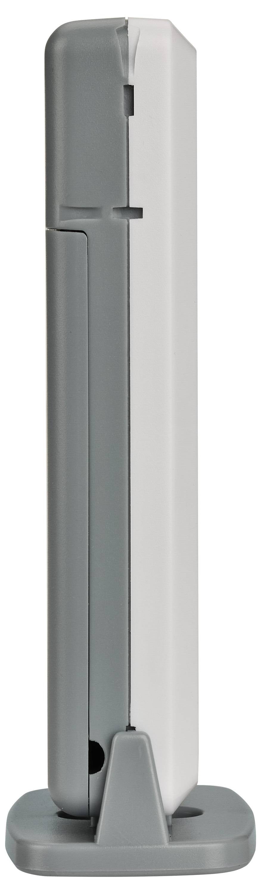 Ein grau-weißes Standgerät, vertikal ausgerichtet, möglicherweise ein elektronisches Gerät oder Zubehör.