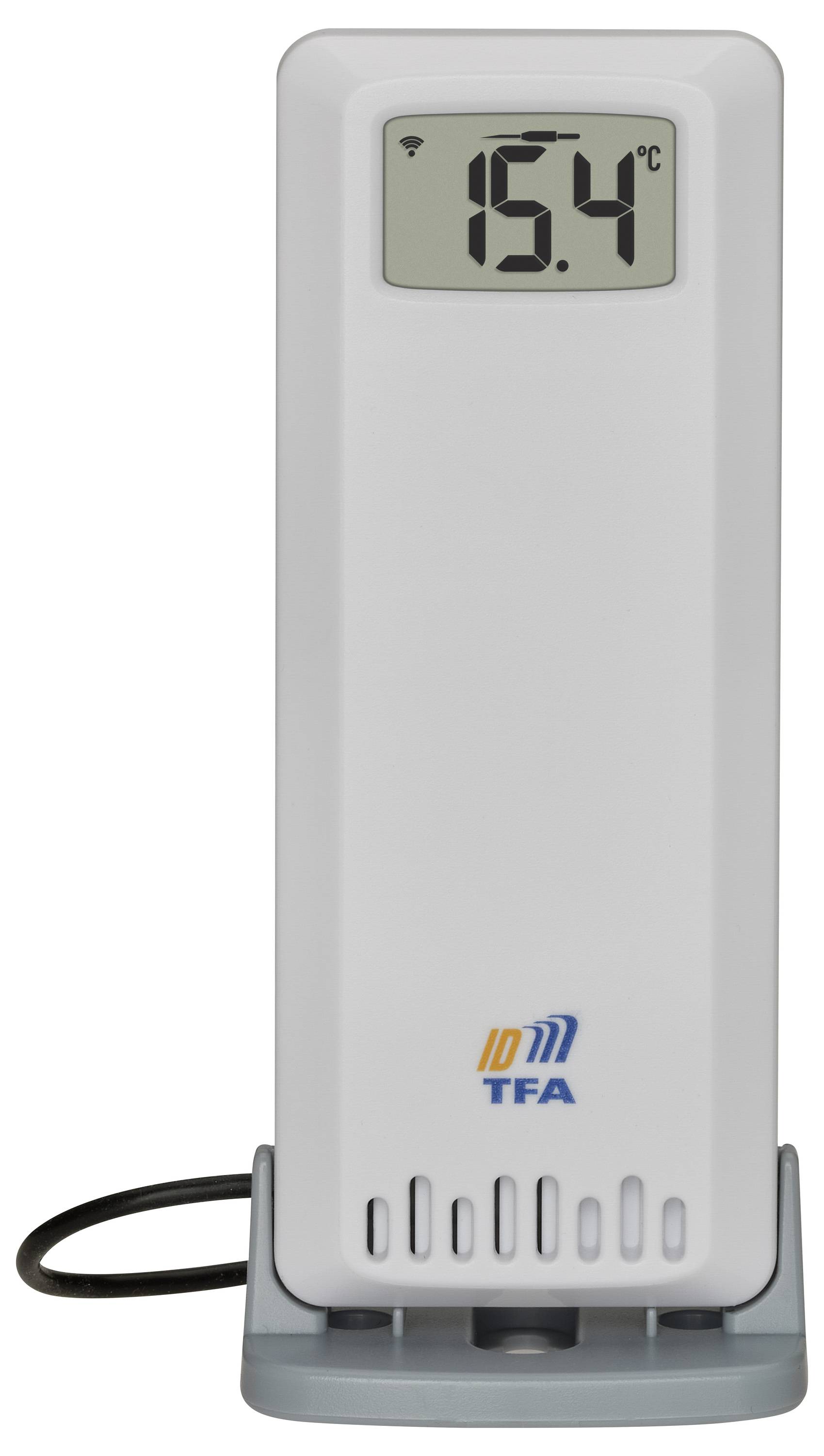 Ein digitales Thermometer zeigt eine Temperatur von 15,4 Grad Celsius an. Es ist in einem weißen Gehäuse mit einem Bildschirm.