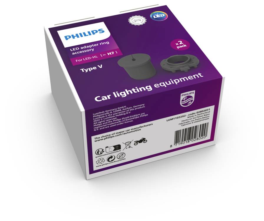 'Philips LED-Adapterring-Zubehör, Typ V, 2er-Packung. Für LED-H7. Verpackung mit Abbildung des Produkts und Logos.'