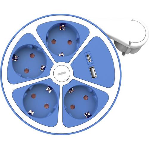 ROLINE 4-fach Steckdosenleiste mit Schalter, rund, USB-Charger A+C, blau, 1,5 m