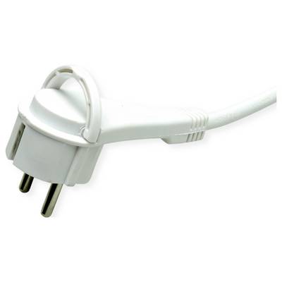 Ein weißer europäischer Stecker mit zwei runden Stiften und einem Griff zur einfachen Entnahme.