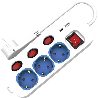 Eine weiße Mehrfachsteckdose mit drei blauen Steckplätzen, drei roten Schutzkappen, einem USB-Anschluss und einem Ein-/Ausschalter.