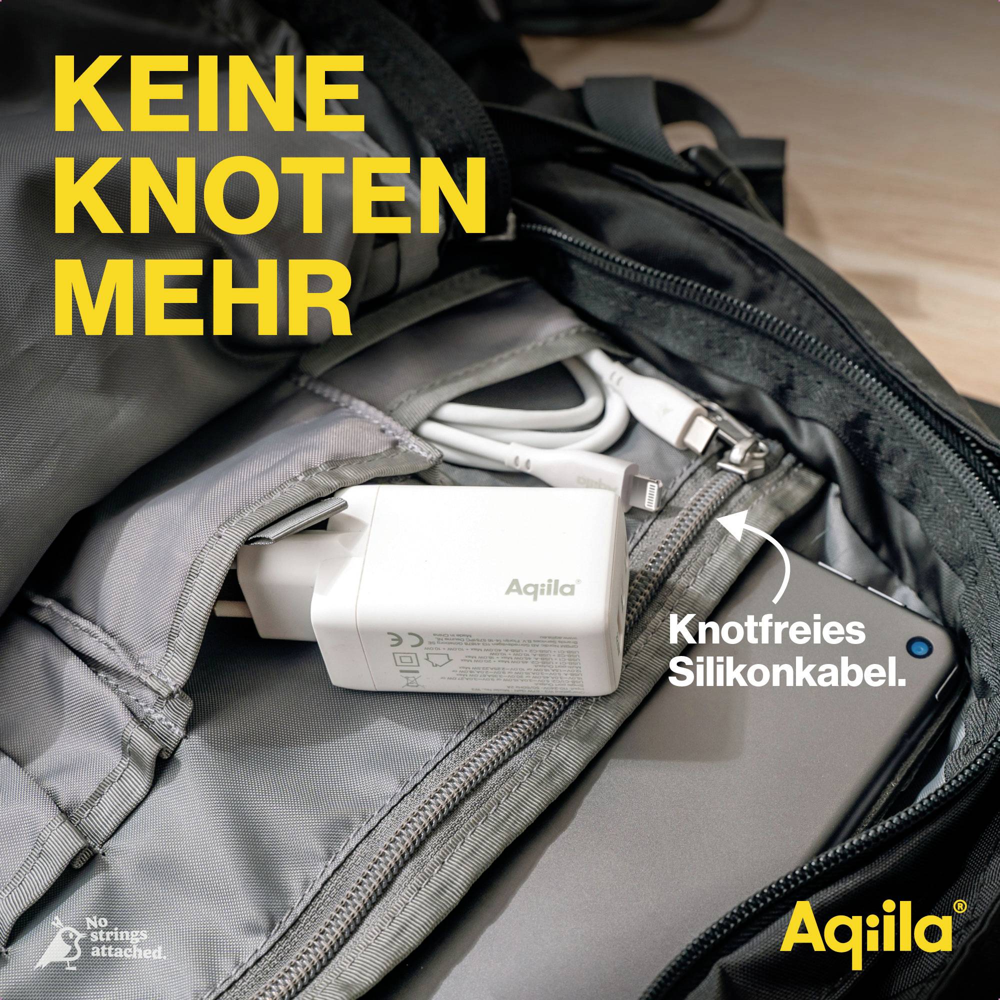 Ein Rucksack mit ordentlich verstaubarem, knotfreiem Silikonkabel und Ladegerät. Text auf dem Bild: 'Keine Knoten mehr'.
