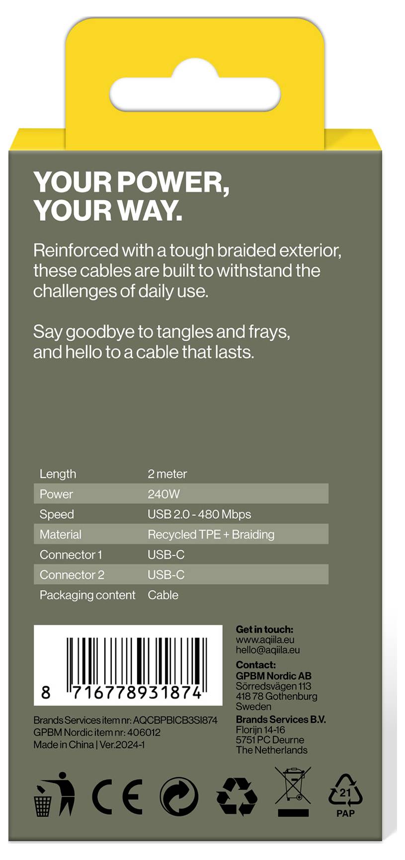 Grauer Kabelkarton mit gelbem Tab. Text: 'YOUR POWER, YOUR WAY.' 2m Länge, 240W Power, 480 Mbps Geschwindigkeit. USB-C-Stecker.