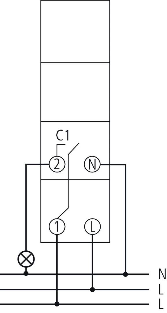 Ein Schaltplan zeigt ein elektrisches Schaltbild mit Kondensator C1 und Anschlüssen 1, 2, N, L. Verbindet elektrische Komponenten.