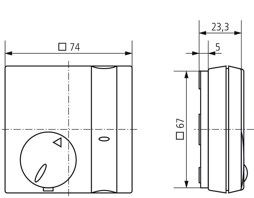 Technische Zeichnung eines rechteckigen Bauteils mit Abmessungen: 74 mm Breite, 67 mm Höhe und 23,5 mm Tiefe, mit einem Drehknopf.