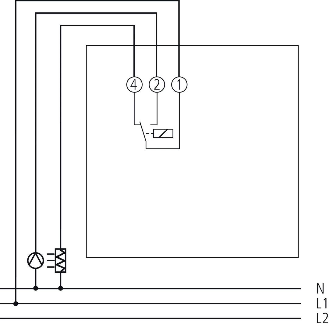 Schaltplan zeigt elektrischen Anschluss mit Klemmen 1, 2, 4, Schalter und Neutralleiter (N) sowie Phasen L1, L2.