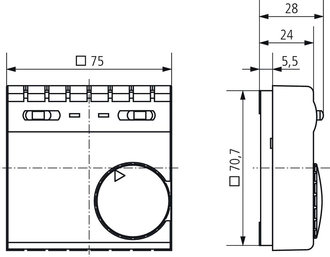Technische Zeichnung einer Waschmaschine, frontal und seitlich. Angaben zu Maßen: Höhe 70,7 cm, Tiefe 24 cm. Zeichnung zeigt Bedienelemente und Trommellage.