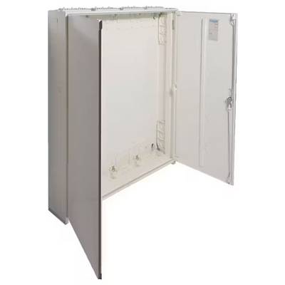 Ein leerer, geöffneter Elektroschrank mit zwei Türen, geeignet zur Installation von elektrischen Geräten.