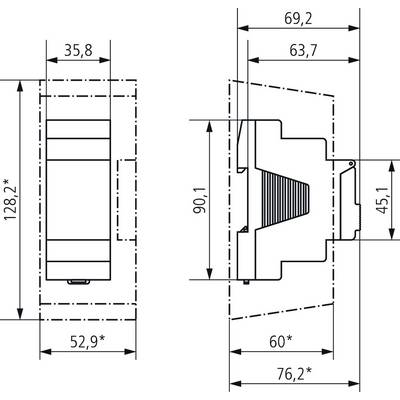 Technische Zeichnung einer mechanischen Komponente mit Maßen: 35,8 x 126,2 mm links und 60 x 90,1 mm in der Mitte.