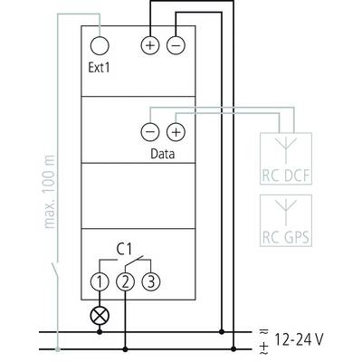 'Schaltplan mit Bezeichnungen: Ext1, Data, RC DCF, RC GPS; maximale Länge 100m.'