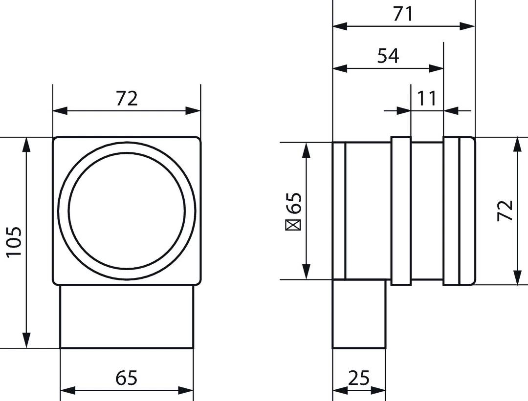 Technische Zeichnung eines Rohranschlusses mit Maßen. Obere Ansicht zeigt Durchmesser 65, Gesamtbreite 72 mm, seitliche Ansicht zeigt Tiefe 25 mm.