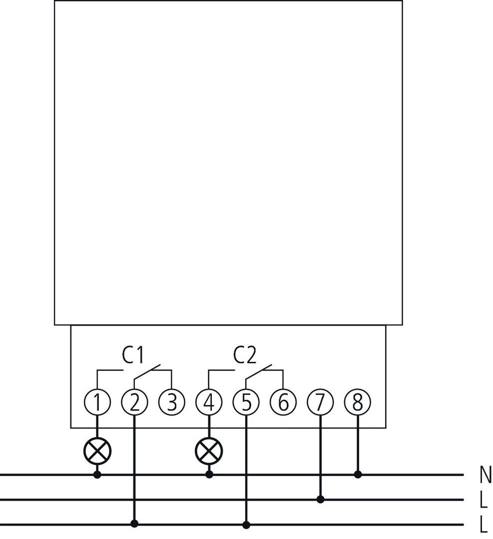 Schaltplan zeigt ein elektrisches Schaltungsschema mit Anschlussklemmen, nummeriert von 1 bis 8, und zwei Kondensatoren C1 und C2.