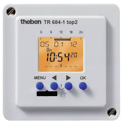 Elektronische Zeitschaltuhr an der Wand mit Display, das die aktuelle Zeit 10:54 anzeigt. Drei blaue Knöpfe unten für Bedienung.