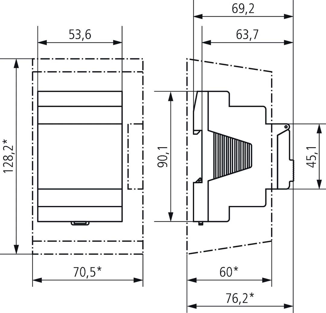 Technische Zeichnung eines elektrischen Bauteils mit Maßen: Breite 53,6 mm, Höhe 126,2 mm, Tiefe 63,7 mm. Detaillierte Seitenansicht.