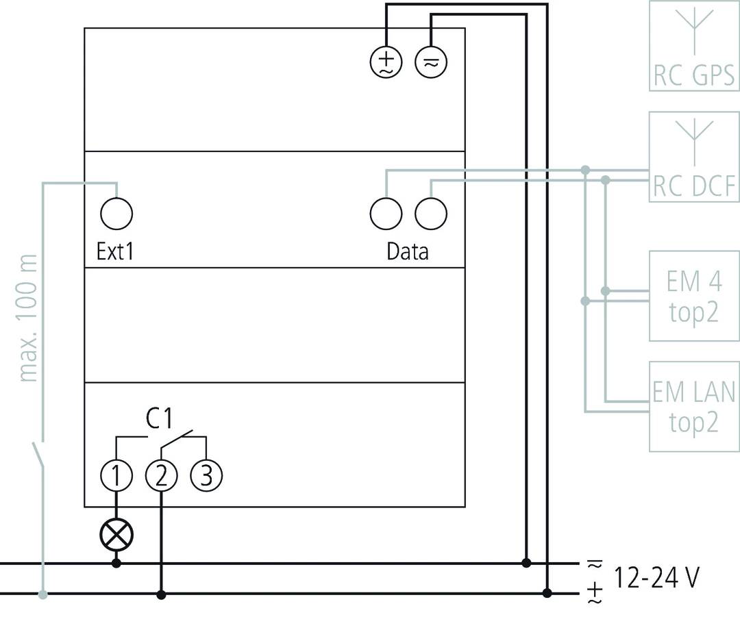 Schaltplan eines elektrischen Systems mit den Elementen Ext1, Data, C1 und den Anschlusspunkten 1, 2, 3. Spannung von 12-24V.