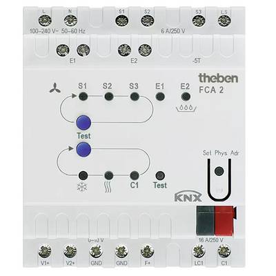 Abbildung eines Theben FCA2 KNX-Aktors mit Bedienelementen, LED-Anzeigen und Anschlüssen. Geeignet für zentrale Steuerung elektronischer Geräte.
