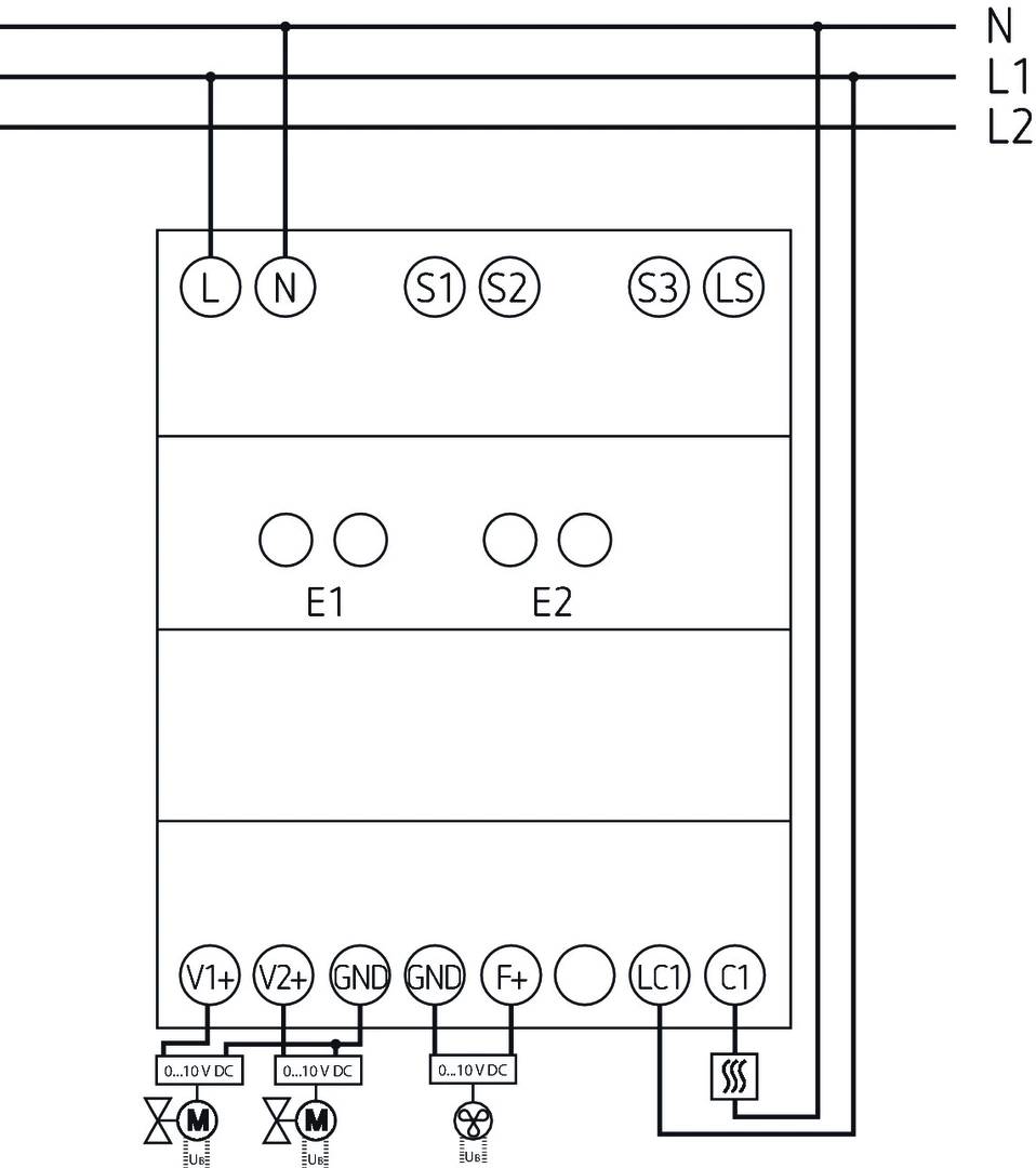 Schaltschema: Zeigt ein elektrisches Schaltdiagramm mit Anschlussklemmen L, N, S1, S2, S3, LS und Steuerungselementen E1, E2.