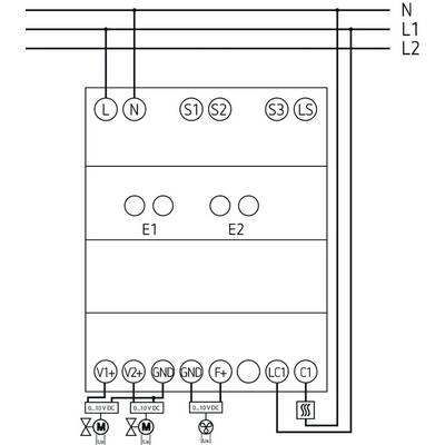 Schaltschema: Zeigt ein elektrisches Schaltdiagramm mit Anschlussklemmen L, N, S1, S2, S3, LS und Steuerungselementen E1, E2.