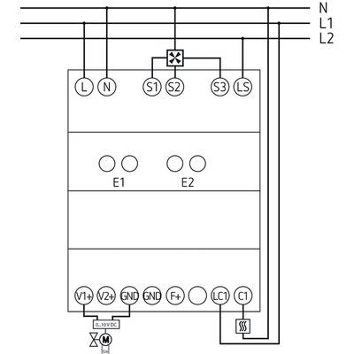 Elektrisches Schaltbild zeigt Anschlusspunkte: L, N, S1, S2, S3, LS. Schaltkreise und Symbole für Spannung, Erdung, Thermistor.