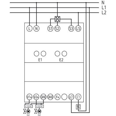 Schaltplan eines elektrischen Geräts mit Anschlüssen, Schaltern und Kontrollleuchten. Oberer Abschnitt zeigt fünf Eingänge (L1, N, S1, S2, S3, LS), unterer Abschnitt diverse Spannungspunkte.