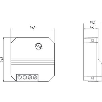Technische Zeichnung eines rechteckigen Geräts mit Kreissymbol, Maße 44,4, zeigt Details für Konstruktion oder Installation.