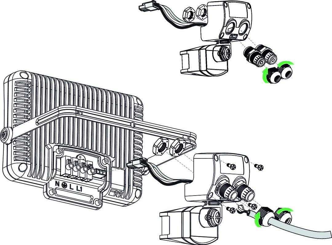 Diagramm, das den Anschluss eines elektrischen Geräts zeigt. Oben Darstellung von Komponenten und Kabelanschlüssen, unten detaillierte Rückansicht.