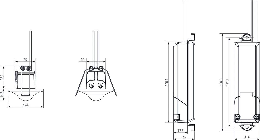 Technische Zeichnung einer Wandlampe mit Abmessungen: Höhe 100,1 mm, Breite 26 mm, Tiefe 17,3 mm. Front- und Seitenansicht.