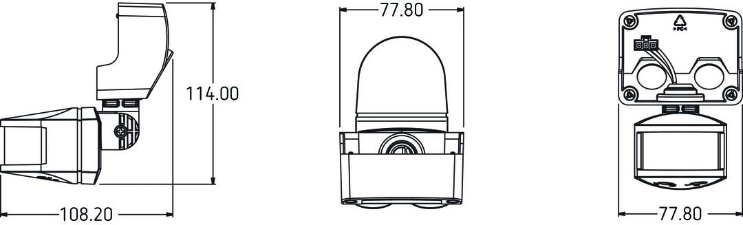 Technische Zeichnung eines runden Sensors mit Abdeckung, oben Höhe von 77,80 mm angegeben.