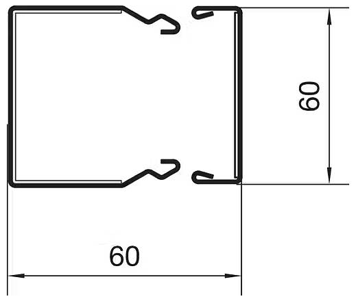 Quadratische Profilansicht mit den Maßen 60x60, zeigt Haken an zwei gegenüberliegenden Seiten. Technische Zeichnung für Konstruktion.