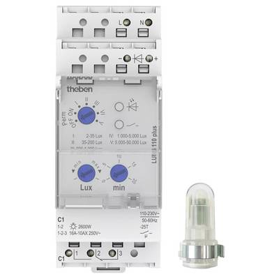 Elektronisches Steuergerät mit blauen und grauen Knöpfen zur Einstellung der Lichtintensität, Herstellername 'theben' sichtbar.