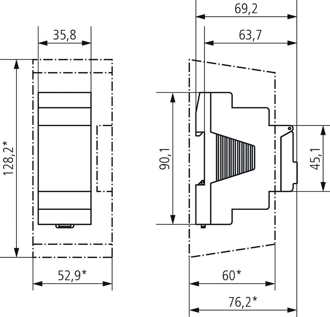 Technische Zeichnung eines Bauteils mit detaillierten Maßen und Schnittansicht. Maße wie Höhe, Breite und Tiefe sind angegeben.