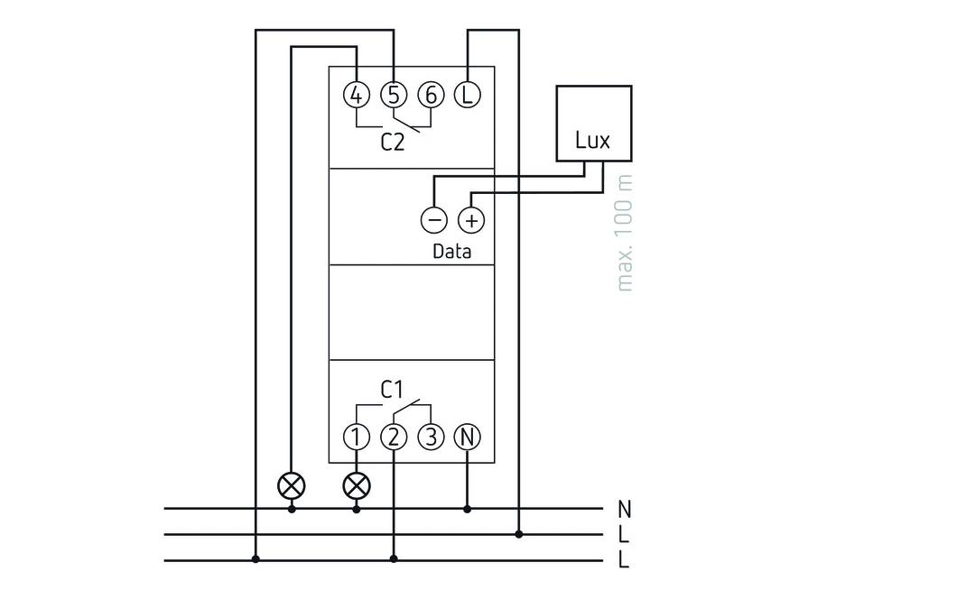 'Schaltplan einer Luxmessungseinheit mit Verdrahtung. Enthält Anschlüsse für L, N, zwei Leuchten (1 und 2), und einen Luxsensor.'