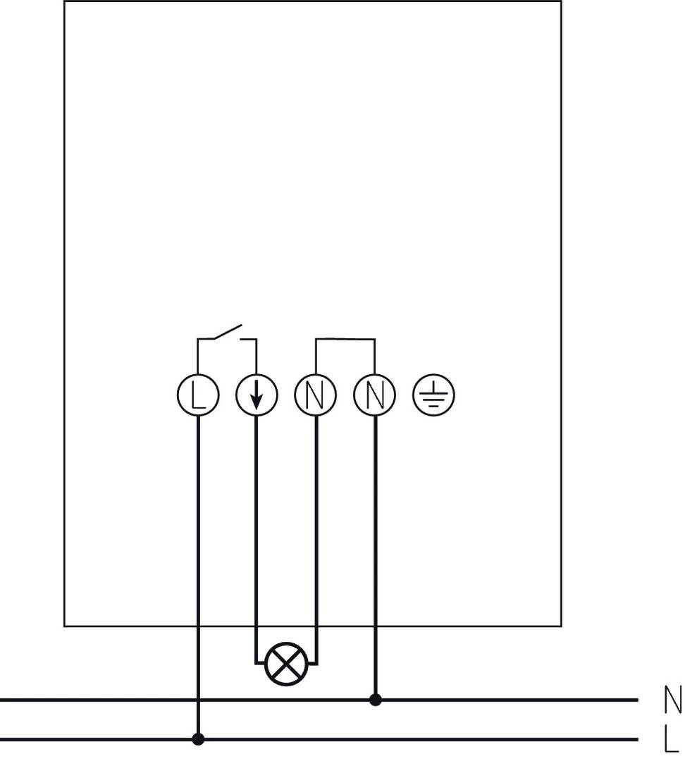 Schaltskizze: Verbindung von Phase (L), Neutralleiter (N) und Schutzleiter (Erde), mit einer Glühlampe in Serie geschaltet.