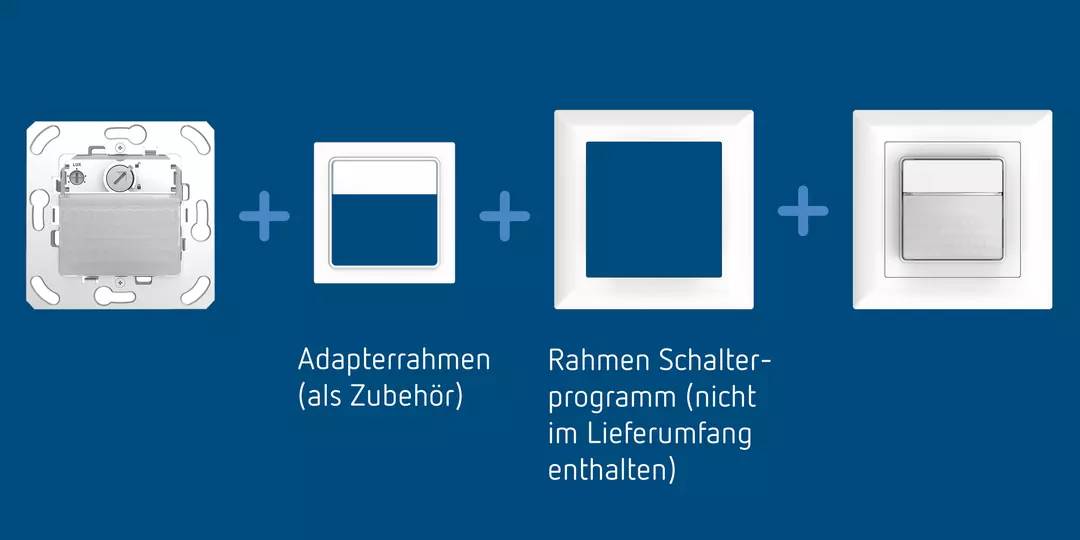 Zwei quadratische Adapterrahmen auf blauem Hintergrund. Links: 'Adapterrahmen (als Zubehör)'. Rechts: 'Rahmen Schalterprogramm (nicht im Lieferumfang enthalten)'.