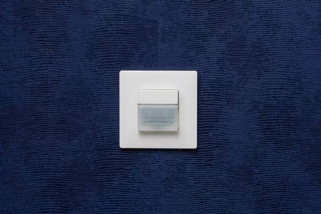 Ein einzelner weißer Lichtschalter auf einer dunkelblauen, strukturierten Wand. Der Schalter ist in der Mitte des Bildes zentriert.