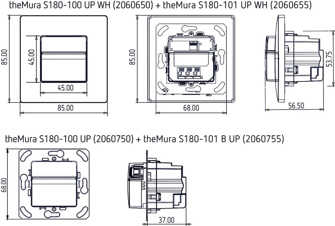 Eine technische Zeichnung eines Schaltersystems. Zeigt Vorder- und Seitenansicht mit Maßen: 85x85mm Front, 37mm Seitenansicht.