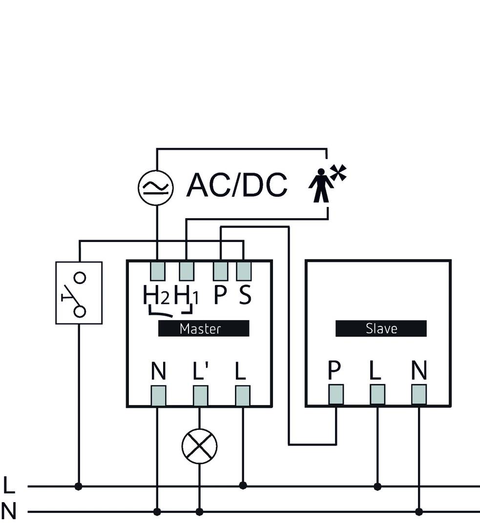 Schaltplan der elektrischen Verbindung zwischen einem Master- und Slave-Gerät. Zeigt AC/DC-Eingang, Schalter und Verbindungsstellen.