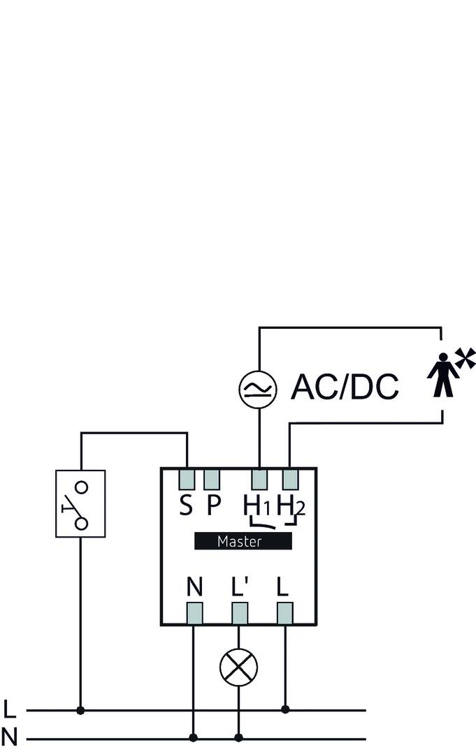 Schaltplan eines Schalters für Wechselstrom/Gleichstrom (AC/DC) mit Bezeichnungen S, P, N, L', H1, H2. Symbole für Stromstärke.