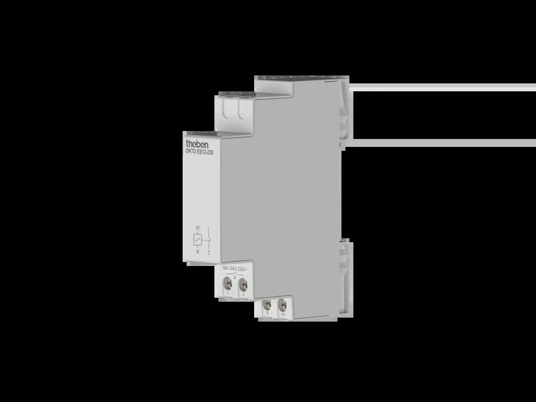 Ein kleines, graues elektrisches Gerät, auf einer DIN-Schiene montiert, von der Marke Theben.