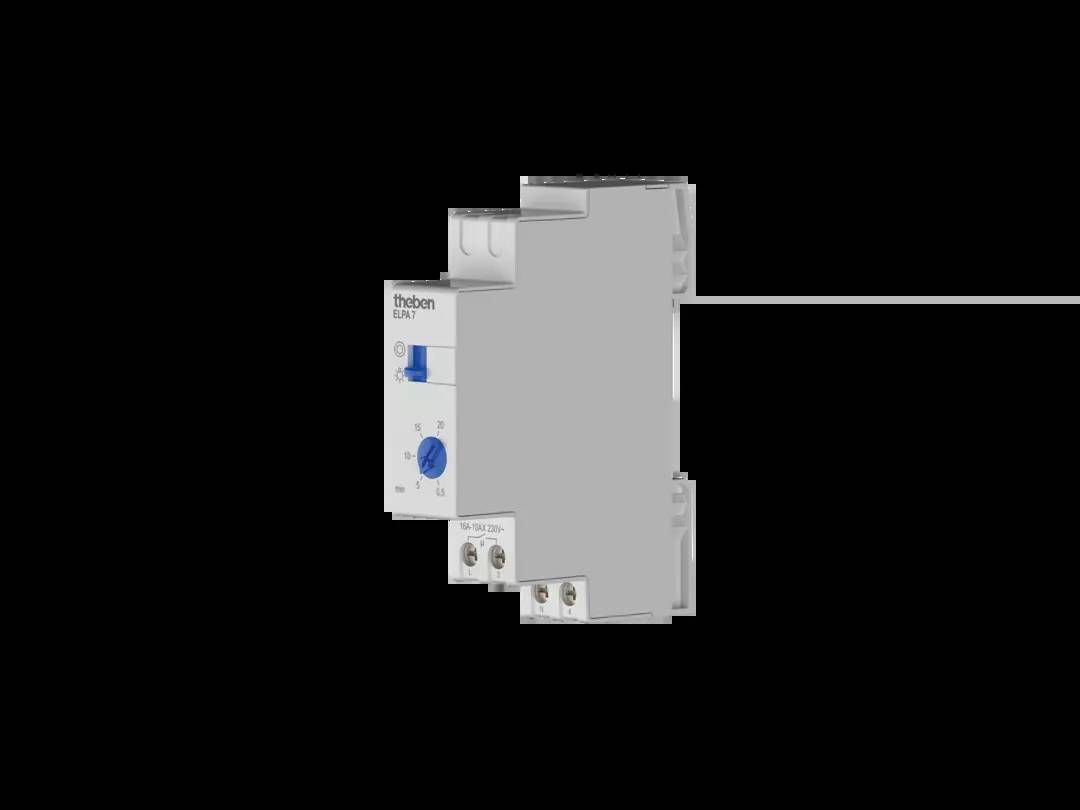 Ein Hutschienen-Zeitrelais der Marke Theben. Es ist zur Steuerung elektrischer Anwendungen in Schaltschränken konzipiert.