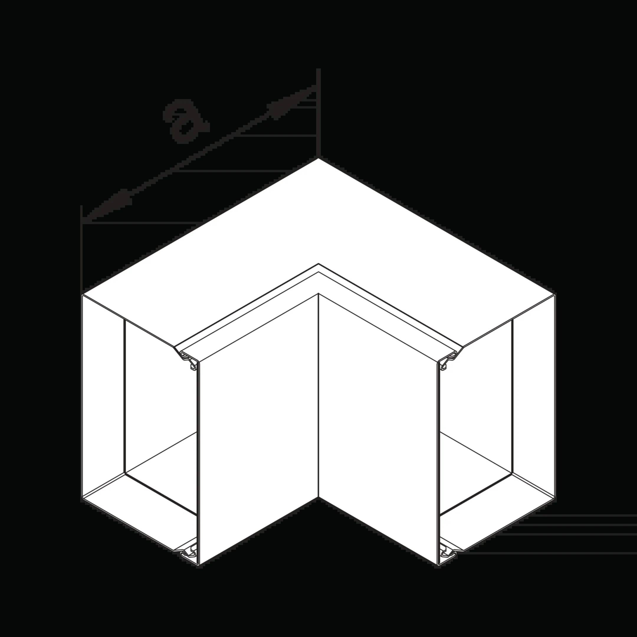 Eckstück eines Möbelstücks mit offenem Regal, zeigt die Innenstruktur und die Maße mit einem Pfeil markiert als 'a'.