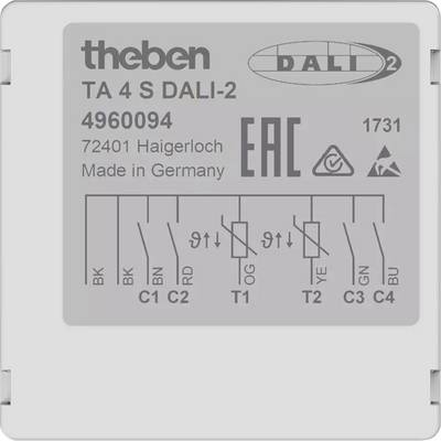 Ein rechteckiges elektronisches Gerät von Theben mit Aufdrucken: 'TA 4 S DALI-2', '4960094', 'EAC', Symbole und Anschlüsse. Made in Germany.
