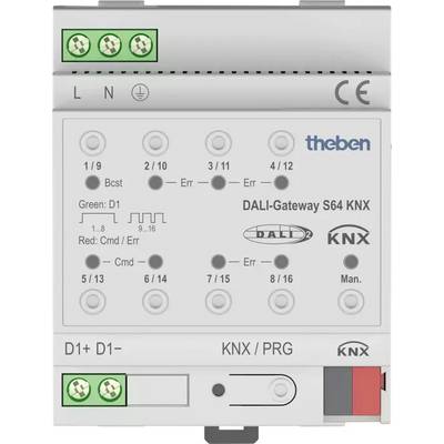 DALI-Gateway S64 KNX von Theben zeigt LED-Statusanzeigen für verschiedene Funktionen. Eingänge für L, N und DALI-Anschlüsse sichtbar.