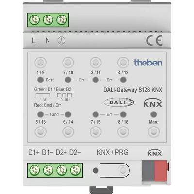 Ein DALI-Gateway von Theben, Modell S128 KNX, mit Anschlüssen und Status-LEDs, wird auf einem schwarzen Hintergrund gezeigt.