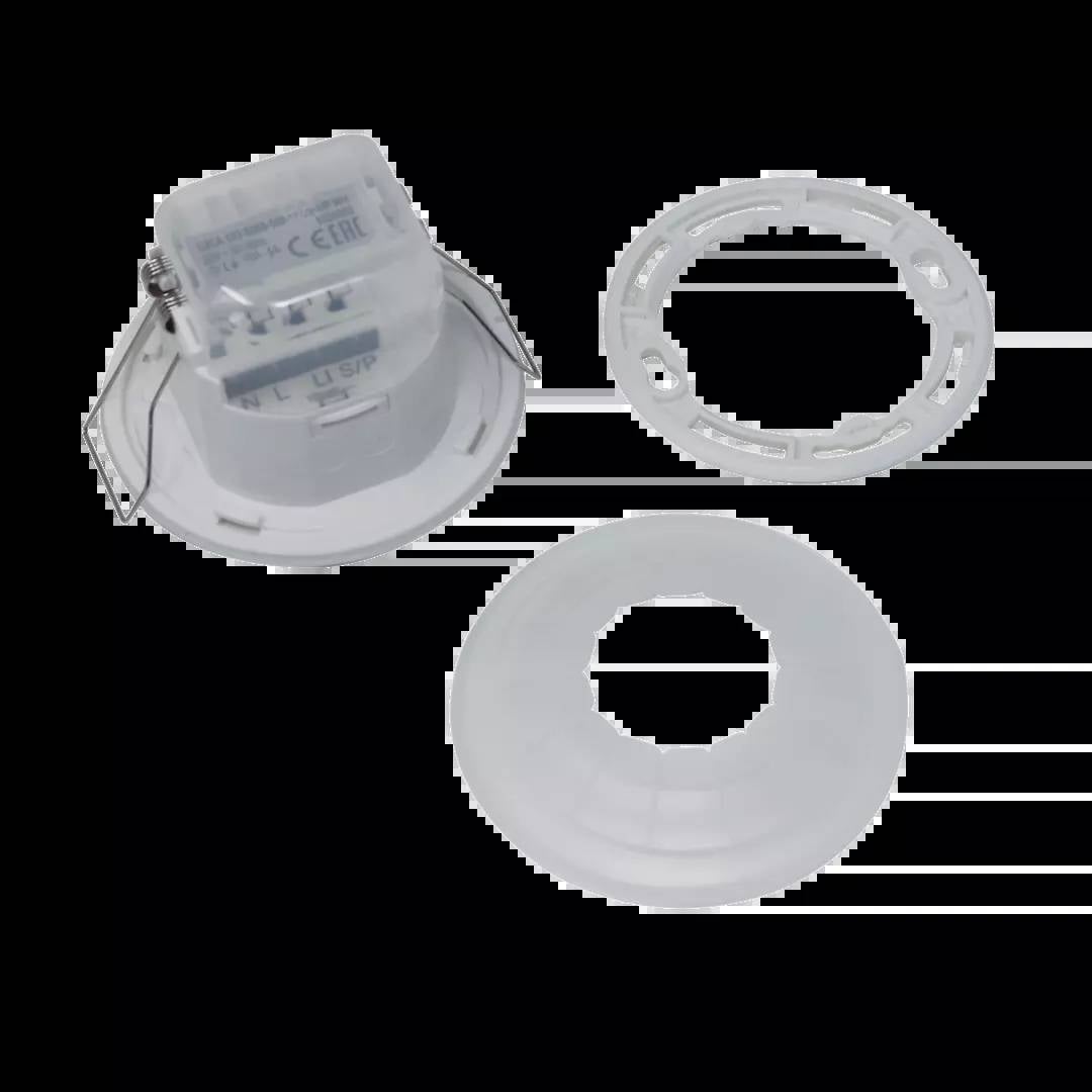 Runder, transparenter Rauchmelder mit offenem Batteriefach, abnehmbarer Deckel und Montagehalterung. Geeignet für Deckenmontage.