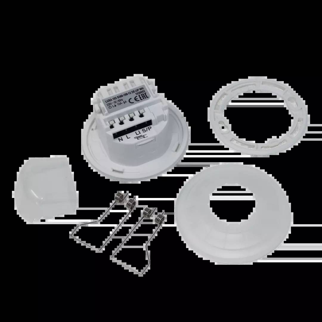 'LED-Einbauleuchte Komponenten-Set' zeigt einzelne Teile: LED-Fassung mit Anschlussklemmen, zwei Abdeckungen und Halterungsclips.