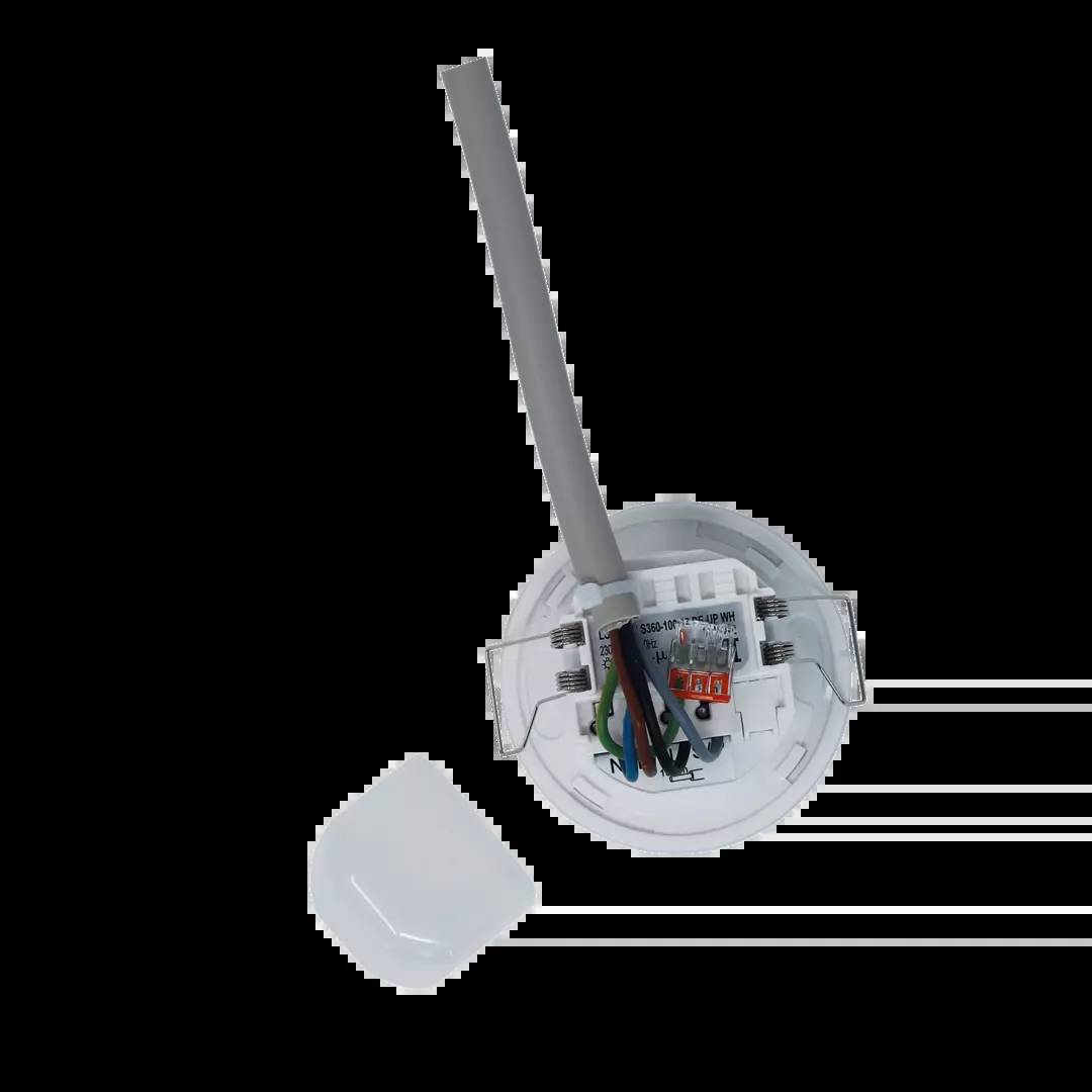 Ein geöffneter elektronischer Sensor mit sichtbarer Verkabelung und Leiterplatte, daneben ein abgenommener Abdeckelement.