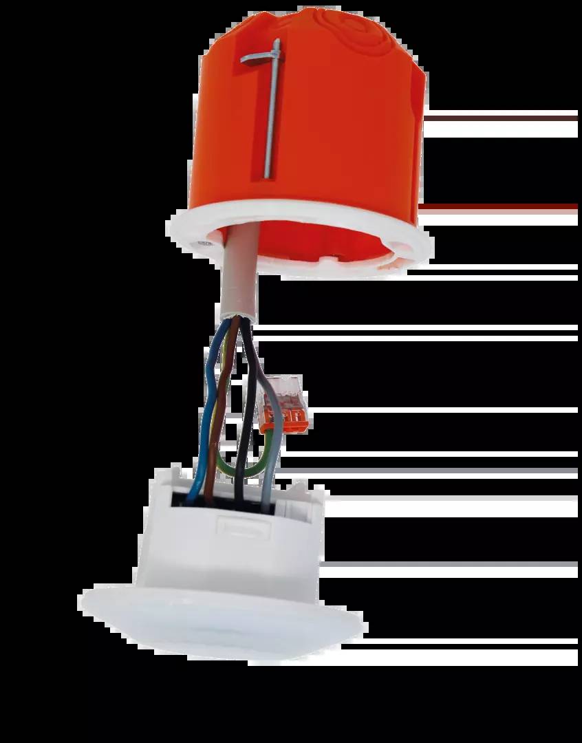 Bauteil mit orangener Fassung und sichtbaren Kabeln, wahrscheinlich Licht- oder Elektronikzubehör.