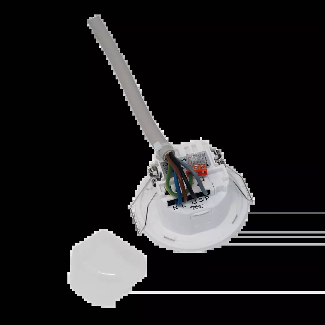 Ein geöffneter elektrischer Anschluss mit sichtbaren Kabeln und Anschlüssen, eingebaut in eine runde weiße Fassung.